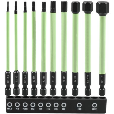 Lot de 10 embouts de tournevis hexagonaux longs 100 mm 1/4" S2 pour visseuse sans fil H1,5/2/2,5/3/4/5/6/7/8/10/12