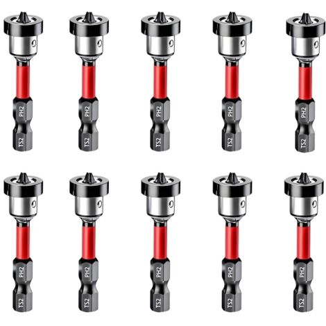 Lot de 10 embouts de vissage magnétiques PH2 pour plaques de plâtre, tige hexagonale 1/4", foret de positionnement de 50 mm pour plaques de plâtre, bois et gypse.