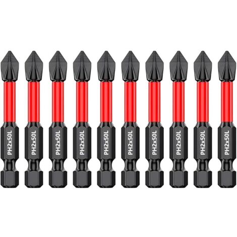Lot de 10 embouts PH2 antidérapants de 50 mm de long - Embouts de tournevis cruciformes magnétiques 1/4" - Jeu d'embouts de visseuse à percussion en acier TS2 pour visseuse sans fil