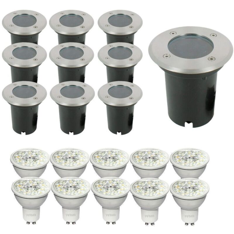 Lot de 10 encastrables de sol étanche IP67 + 10 ampoules 6W Blanc chaud, Blanc naturel, Blanc froid