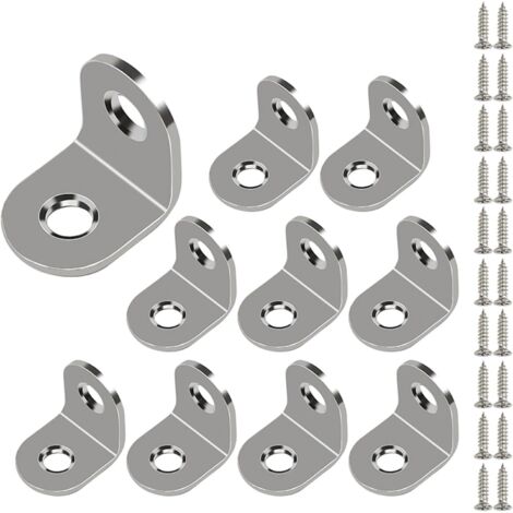 Lot de 10 équerres d'angle droites en acier inoxydable, 20 mm x 20 mm, en forme de L, avec vis, pour fixation de meubles en bois