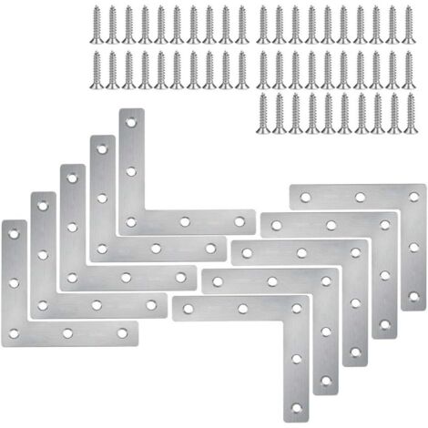 Lot de 10 équerres d'angle en acier inoxydable, fixations pour meubles, plaques de fixation plates, connecteurs en L avec vis 80 x 80 mm