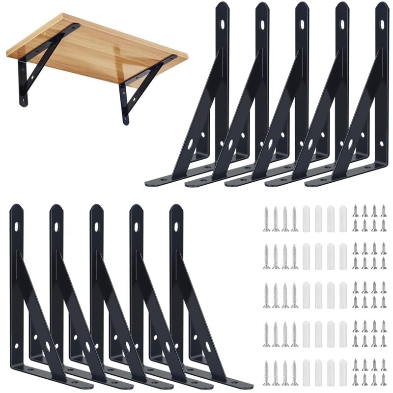 Lot de 10 Équerres Étagère de Fixation Murale, 95x150mm Support Etagère Murale Fixation Flottante Support, Tablette Murale à Suspendre avec Vis, pour