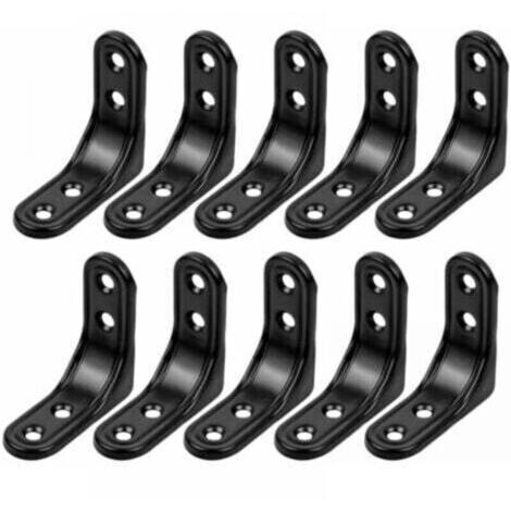 Lot de 10 équerres métalliques noires de fixation L 90° - Inox 50 x 50 x 20 mm avec trous 5mm - Support de coin pour étagère murale, table, meuble