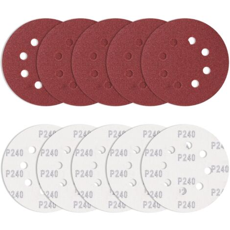 Lot de 10 Feuilles abrasives 125 mm Grain 240, disques abrasifs Ronds excentriques 8 Trous pour ébavurage et ponçage des Points de Soudure