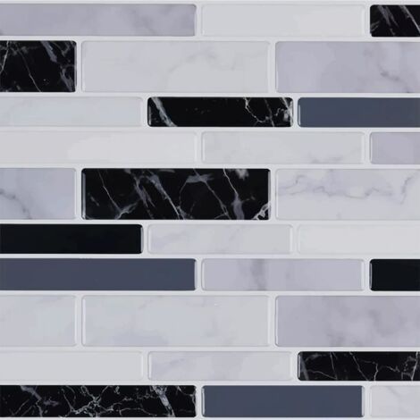 Lot de 10 feuilles de carrelage adhésif noir blanc avec motif marbre,crédence cuisine en vinyle effet mosaïque, 30 x 30cm