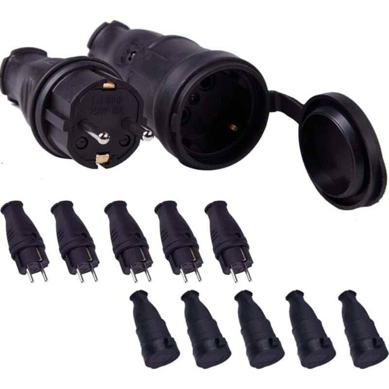 Xiiw - Lot de 10 fiches Schuko en caoutchouc - Pour câble de 0,5 à 3 cm², IP44, 250 v, 16 a, 4000 w