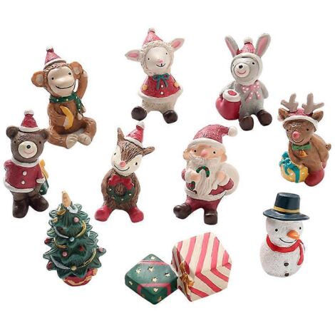 Lot de 10 figurines miniatures de Noël en résine, thème Père Noël, arbre de Noël, boîte cadeau, décoration pour jardin de fées et maison de poupée.