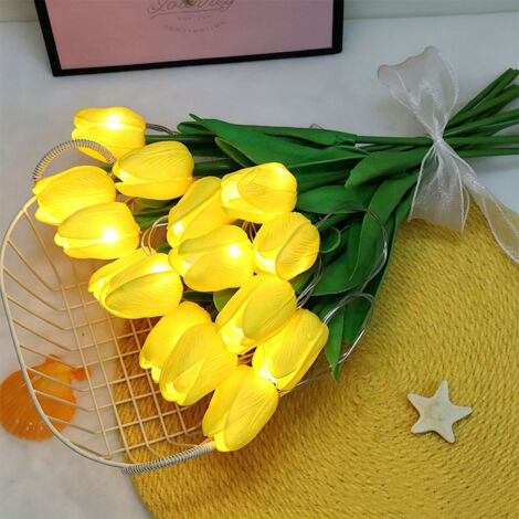 Lot de 10 fleurs artificielles LED, Tulipe lumineuse – Décoration pour fête, maison, cuisine, mariage, table – Lumière chaude – Alimenté par piles
