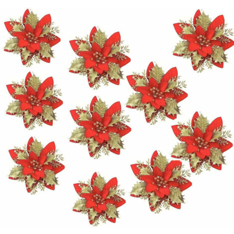 Lot de 10 fleurs artificielles pour sapin de Noël, à paillettes, rouges, pour guirlande, couronne, décoration de sapin de Noël (or rouge)
