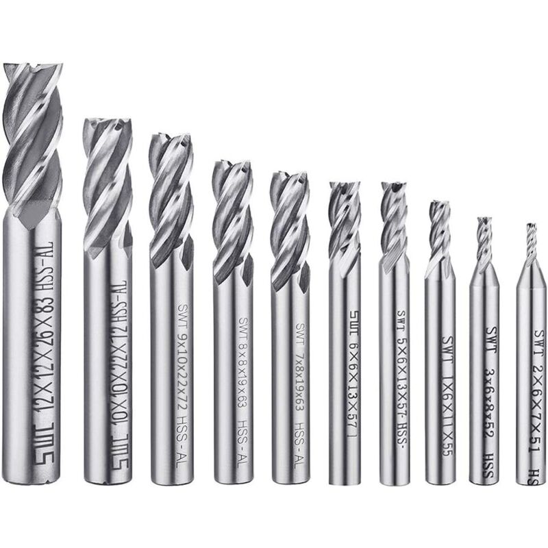 Lot de 10 forets à 4 cannelures - de 0,2 à 1,2 cm - Ensemble de forets à Tige Droite HSS CNC pour perceuse - Ensemble d'outils pour Bois, Aluminium,