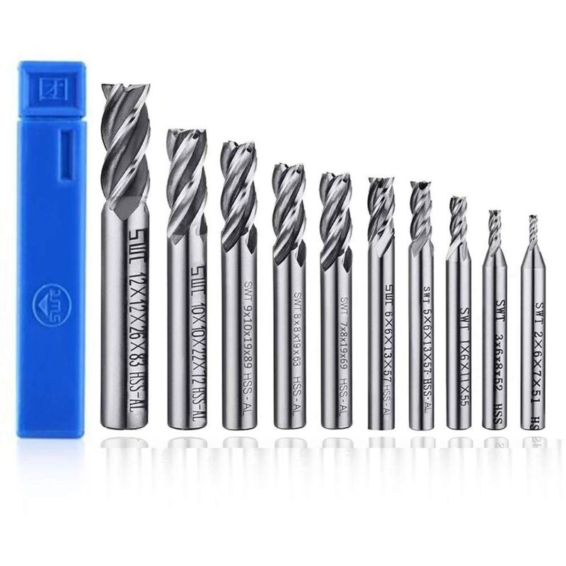 Roleader - Lot de 10 forets à 4 cannelures - de 2 à 12 mm Fraise en Bout- Ensemble de forets à tige droite hss cnc pour perceuse - Ensemble d'outils