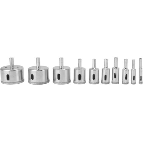 Lot de 10 forets diamantés pour la découpe du verre, du carrelage, de la céramique, du marbre et de la porcelaine (diamètres : 8, 10, 14, 16, 18, 22, 26, 38, 45 et 50 mm).