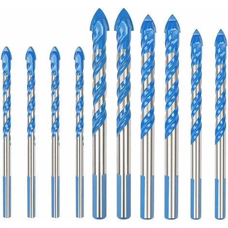 Lot de 10 forets en carbure de tungstène pour porcelaine, carrelage, béton, mur de brique, verre, miroirs, maçonnerie en plastique et bois Assortiment de tailles 6/8/10/12 mm