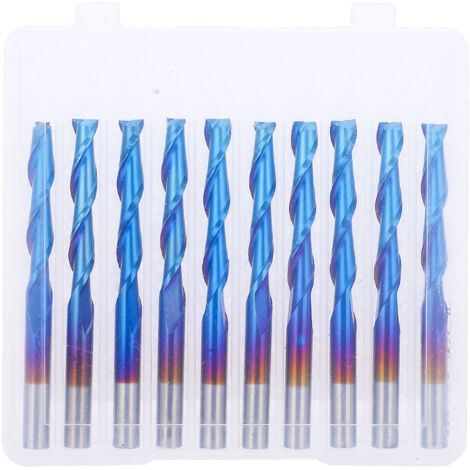 Lot de 10 fraises à rainurer à 2 cannelures, à tête plate et à spirale, revêtement bleu, en acier au tungstène, 3,175 x 20 mm
