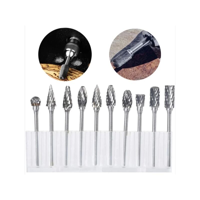 Lot de 10 fraises rotatives en carbure de tungstène avec tête de meulage pour outils rotatifs Dremel, forage et polissage du métal