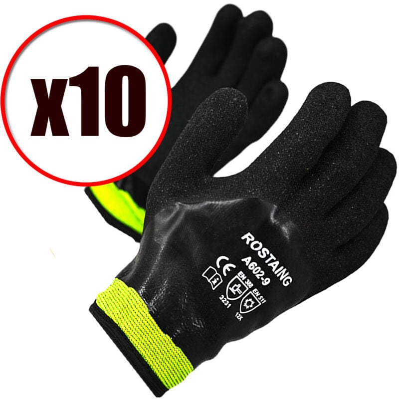 Lot de 10 paires de gants de travail anti coupure anti froid Rostaing EN388 EN511 Taille - Taille 9