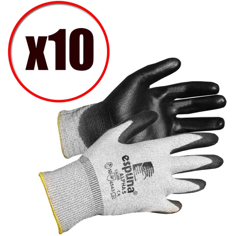 Lot de 10 paires de gants de travail en pu anti coupure Alpha 5 EN388 EN420 Taille - Taille 7
