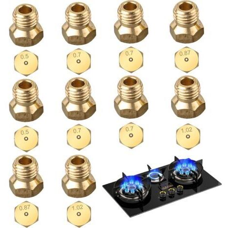 Lot de 10 Gicleur Gaz Butane, 2×0.5mm, 4×0.7mm, 2×0.87mm, 2×1.02mm Gicleur Gaz Bouteille, Gicleur Gaz de Ville, Injecteur Gaz Butane, Buse