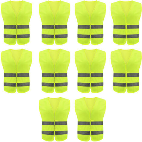 Lot de 10 gilets de sécurité haute visibilité pour travail routier, garde de sécurité - Gilet de construction avec 2 bandes réfléchissantes, résistant et confortable pour un usage professionnel ou loi