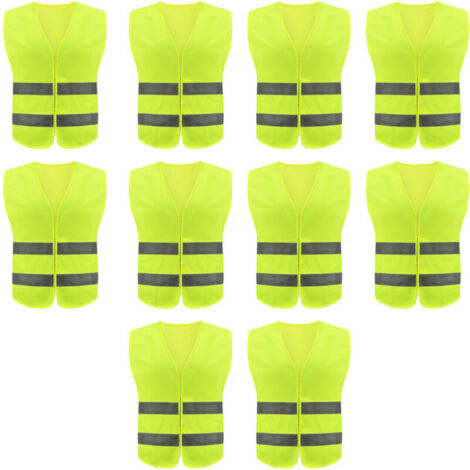 Lot de 10 gilets de sécurité haute visibilité pour travail routier, garde de sécurité - Gilet de construction avec 2 bandes réfléchissantes, résistant et confortable pour un usage professionnel ou loi