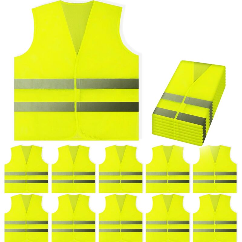 Lot de 10 gilets de sécurité – Jaune réfléchissant haute visibilité, rayures argentées, pour homme et femme, travail, motard, coureur, arpenteur,