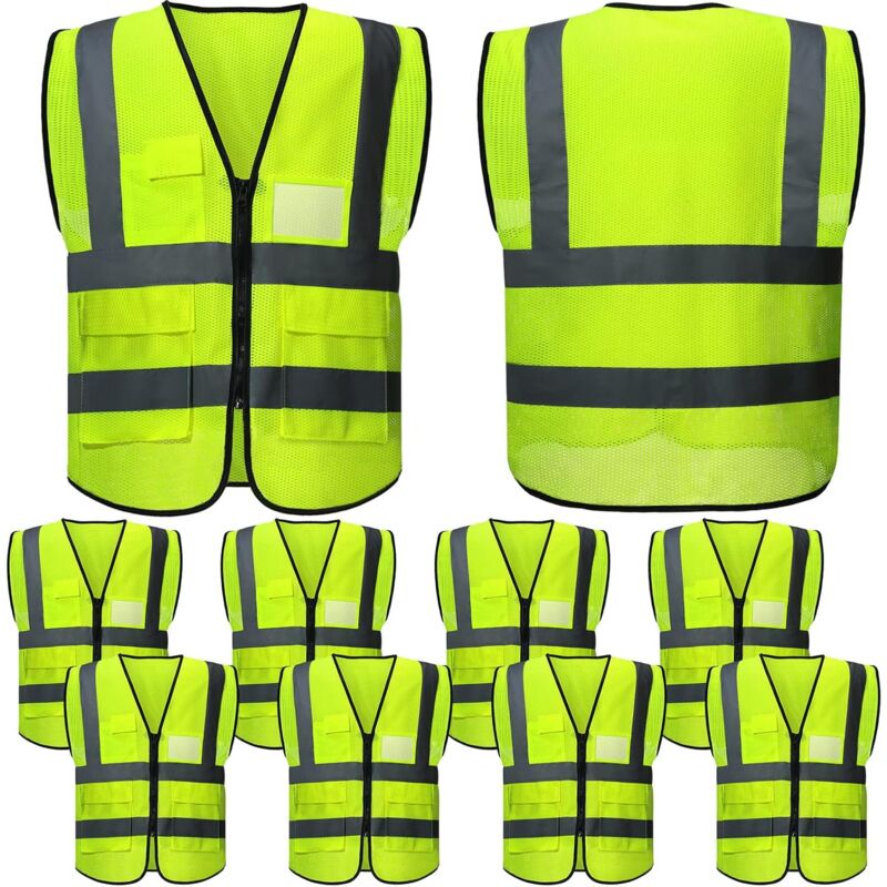 Lot de 10 gilets de sécurité réfléchissants avec poches et fermetures éclair, gilets structurés en maille haute visibilité, pour hommes et femmes,