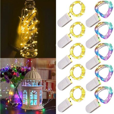 Lot de 10 guirlandes lumineuses LED à piles 1m 10 LED fil d'argent multicolore et blanc chaud étanche étoile bouteille guirlande lumineuse pour Noël fête de mariage chambre décoration intérieure