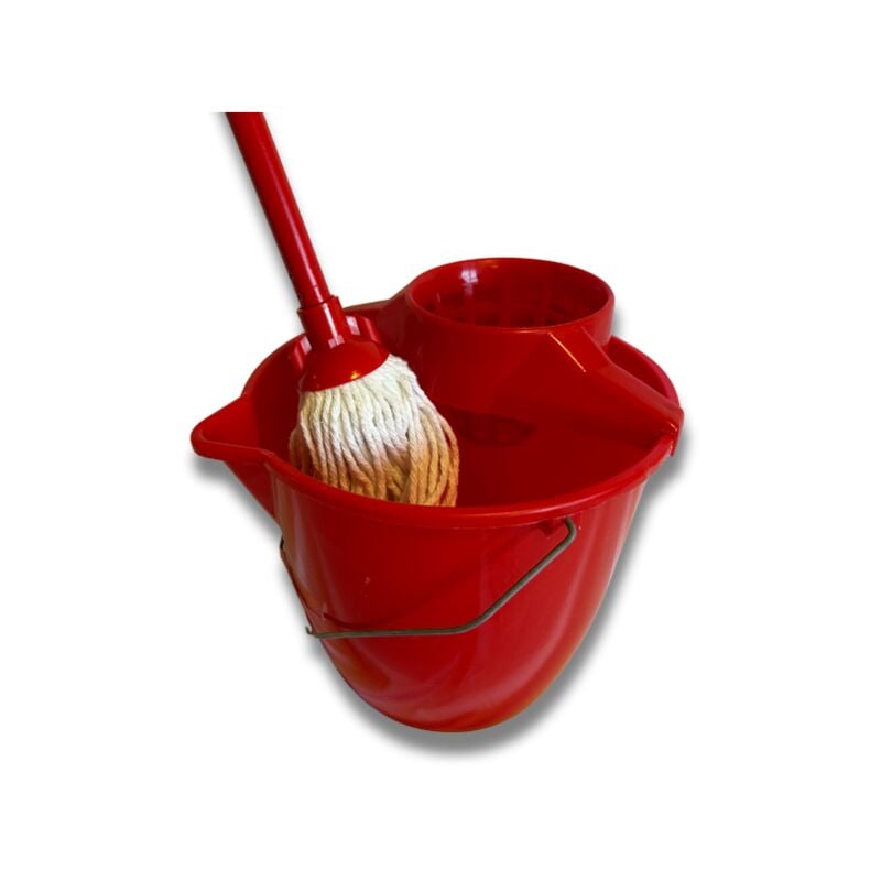 Kit complet lave sol Seau essoreur rond 12L Anse en métal et essoreur en plastique rouge Mop Vis Italienne avec Manche Métallique Plastifié de 120 cm