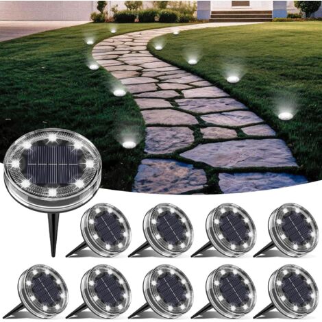 Lot de 10 Lampe Solaire Au Sol, 8 LED Lumiere Solaire Exterieur Jardin IP68 Étanche, Spot Solaire Extérieur pour Chemins Pelouse Terrasse Allée Cour Piscine Passerelle, Blanc Froid