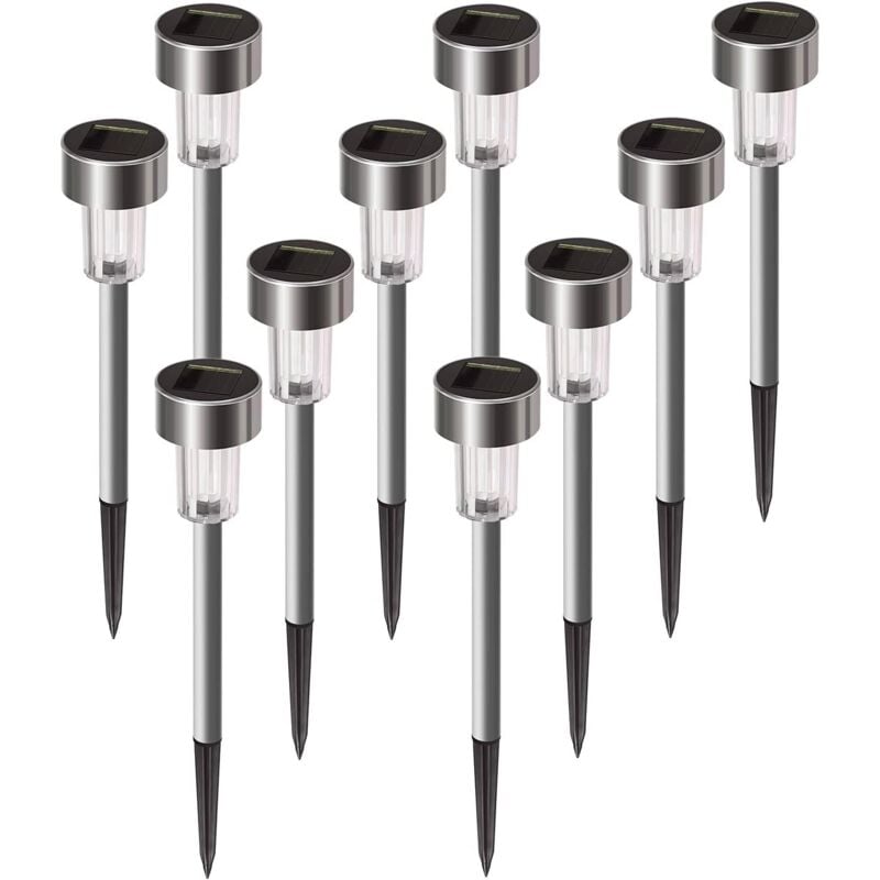Lot de 10 lampes solaires d'extérieur étanches en acier inoxydable pour patio, pelouse, cour et paysage (blanc)