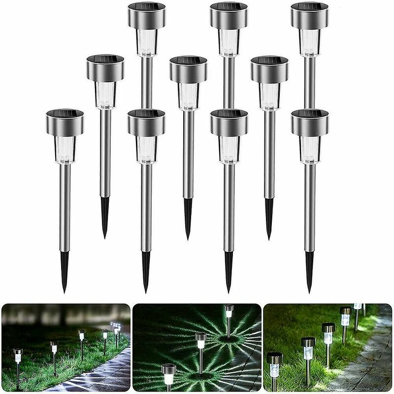 Lot de 10 lampes solaires extérieures étanches en acier inoxydable pour terrasse, pelouse, jardin (lumière blanche) Better