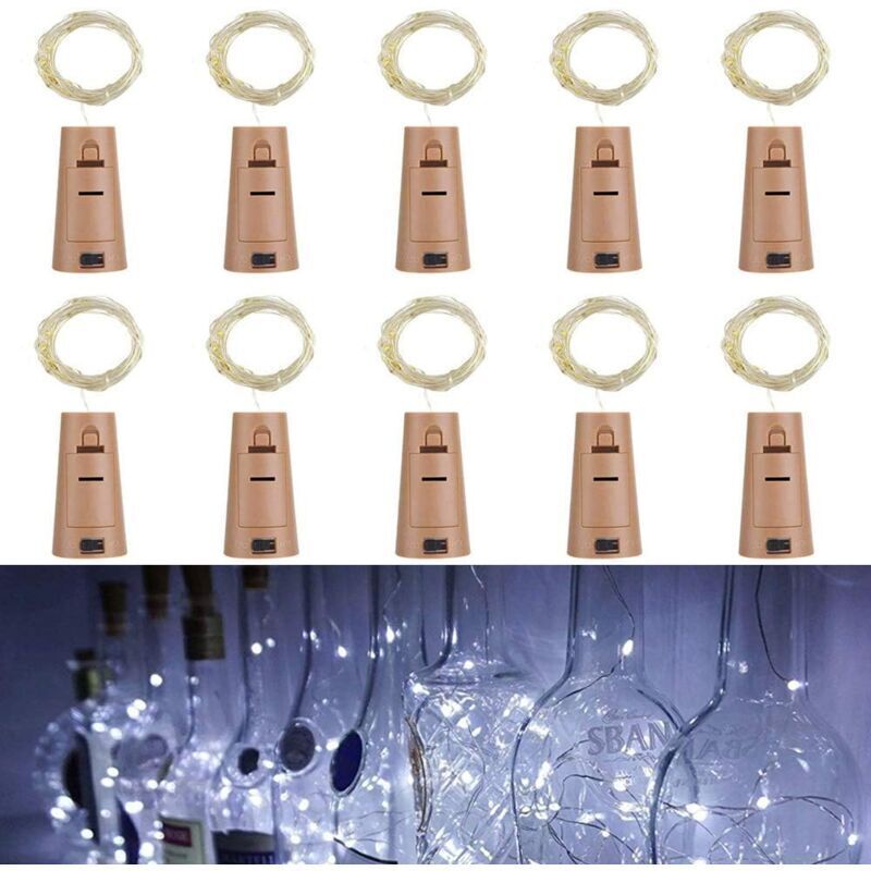 Lot de 10 led Bouteille Guirlande Liège Lampes, 2M 20 led Lampes de Bouteille,Argenté Fil Guirlandes Lumineuses pour diy Décorer Fête, Barbecue,
