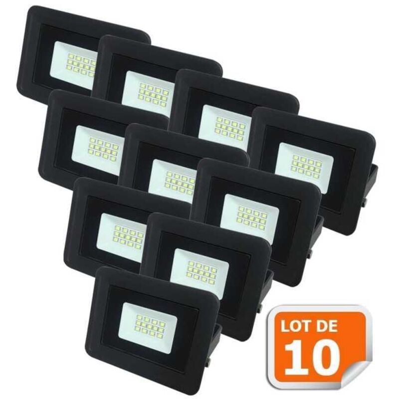 Lot de 10 LED Projecteur Lampe 10W Noir 6000K IP65 Extra Plat