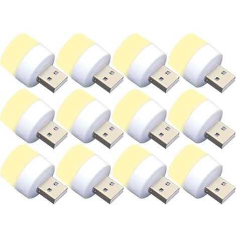 Lot de 10 mini ampoules LED USB de nuit, sans capteur de lumière, blanc chaud, compactes, idéales pour chambre à coucher, salle de bain, cuisine, voiture (LED-12-Huang)