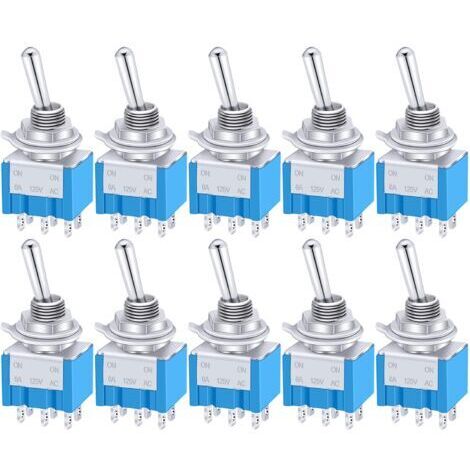 Lot de 10 mini interrupteurs à bascule ON/OFF/ON, 6 bornes, 3 positions DPDT, en métal, 125 V CA, 6 A, pour voiture, camion, bateau (MTS-203)