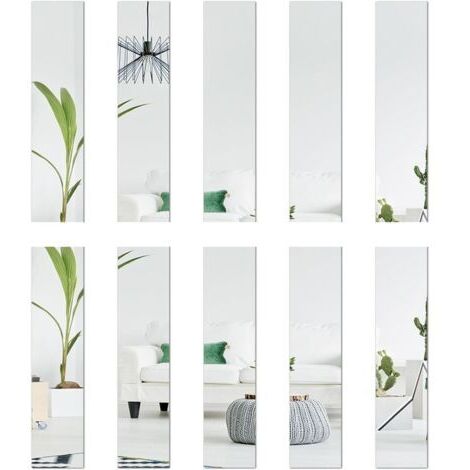 Lot de 10 miroirs en verre - 5 x 20 cm chacun - Carreaux de miroir - Décoration murale - Autocollants rectangulaires - Effet 3D - Miroir mural autocollant - Bricolage sans cadre - Argenté