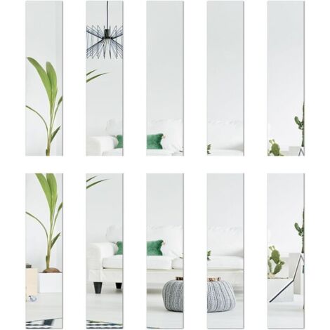 Lot de 10 miroirs en verre - 5 x 20 cm chacun - Carreaux de miroir - Décoration murale - Autocollants rectangulaires - Effet 3D - Miroir mural autocollant - Bricolage sans cadre - Argenté