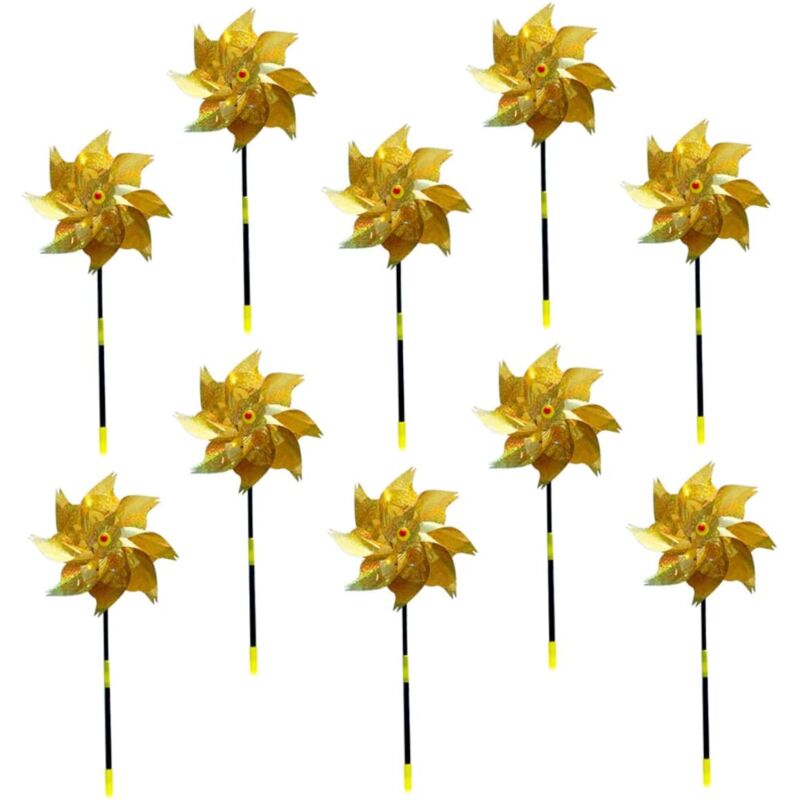 Lot de 10 Moulins à Vent Octogonaux,Vent Oiseaux Jardin Décoration Extérieure Réfléchissante pour Éloigner Oiseaux,or
