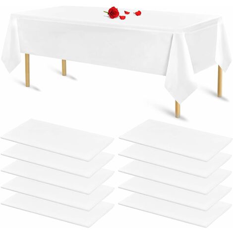 Lot de 10 nappes Blanches pour Tables rectangulaires Nappes jetables en Plastique Blanc pour fête d'anniversaire, Mariage, réception, Enterrement de Vie de Jeune Fille, Baby Shower