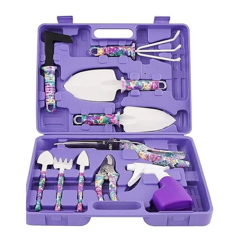 Lot de 10 outils de jardin avec mallette - Poignée antidérapante avec truelle antirouille, râteau, pulvérisateur d'eau