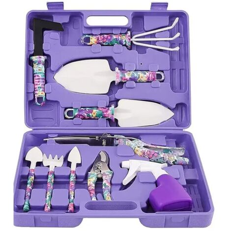 Lot de 10 outils de jardin avec mallette - Poignée antidérapante avec truelle antirouille, râteau, pulvérisateur d'eau