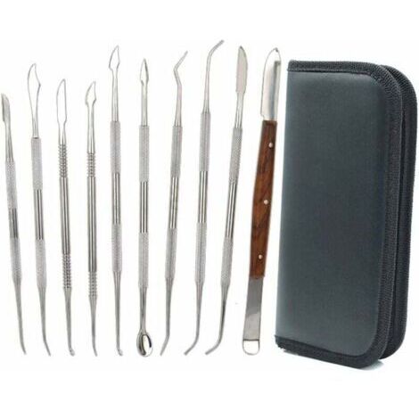 Lot de 10 outils de sculpture à la cire à double extrémité en acier inoxydable pour la sculpture sur argile, kit d'outils de sculpture sur poterie à faire soi-même, spatule à ciseau et étui de transpo