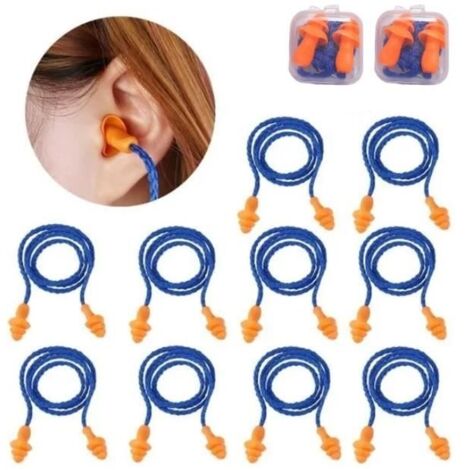 Lot de 10 paires de bouchons d'oreille filaires réutilisables en silicone pour suppression du bruit et protection auditive (orange)