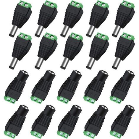 Lot de 10 Paires de connecteurs d'alimentation BNC/DC mâles et Femelles 2.1 x 5.5 mm pour caméra de vidéosurveillance/Bande LED