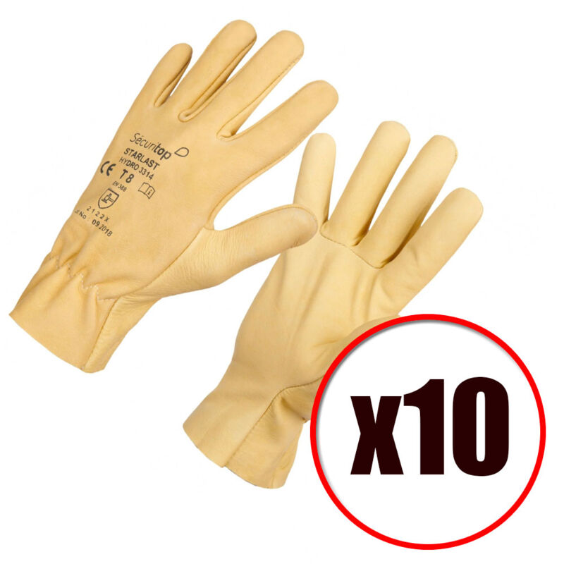 Lot de 10 paires de gants de travail hydrofuge cuir bovin Starlast EN388 EN420 Taille - Taille 8