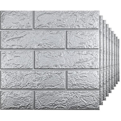 Lot de 10 Panneaux Muraux 3D Autocollants – 35x38 cm Papier Peint Brique Auto-Adhésif Étanche pour Mur Intérieur, Maison, Gris Argenté