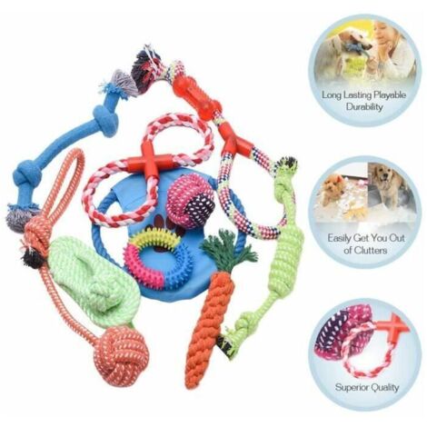 Lot de 10 pcs Jouet Chien Cordon de Tirage,Balle,Nœud,Carotte, Frisbee,Tong Corde, Boucle TPR Jouet à Mâcher Lavable pour Chien, Ensoleillé