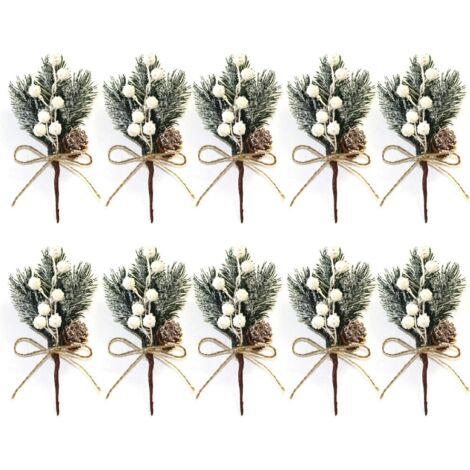 Lot de 10 petites tiges de baies de Noël artificielles blanches de 15 cm avec pommes de pin, houx, fleurs de Noël pour couronnes de Noël, décoration de vase d'intérieur