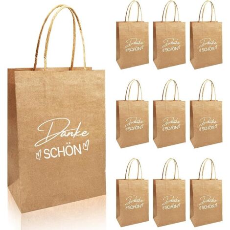 Lot de 10 petits sacs cadeaux en papier avec anse en papier kraft - 21 x 15 x 8 cm - Avec anse - Motif double face - Pour anniversaires, mariages, communion